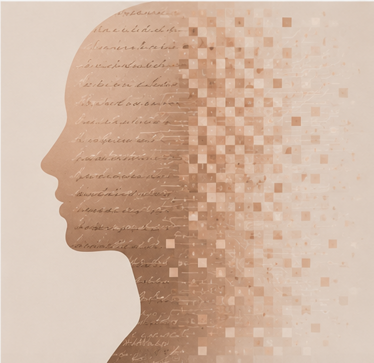 Profile of a human face dissolving into pixels and handwritten script