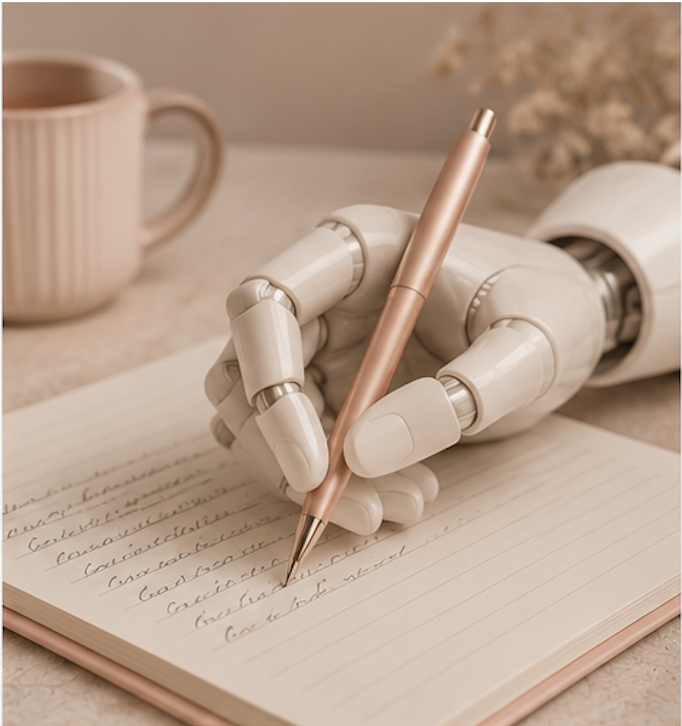 A robotic hand writing cursive in a notebook beside a ceramic mug
